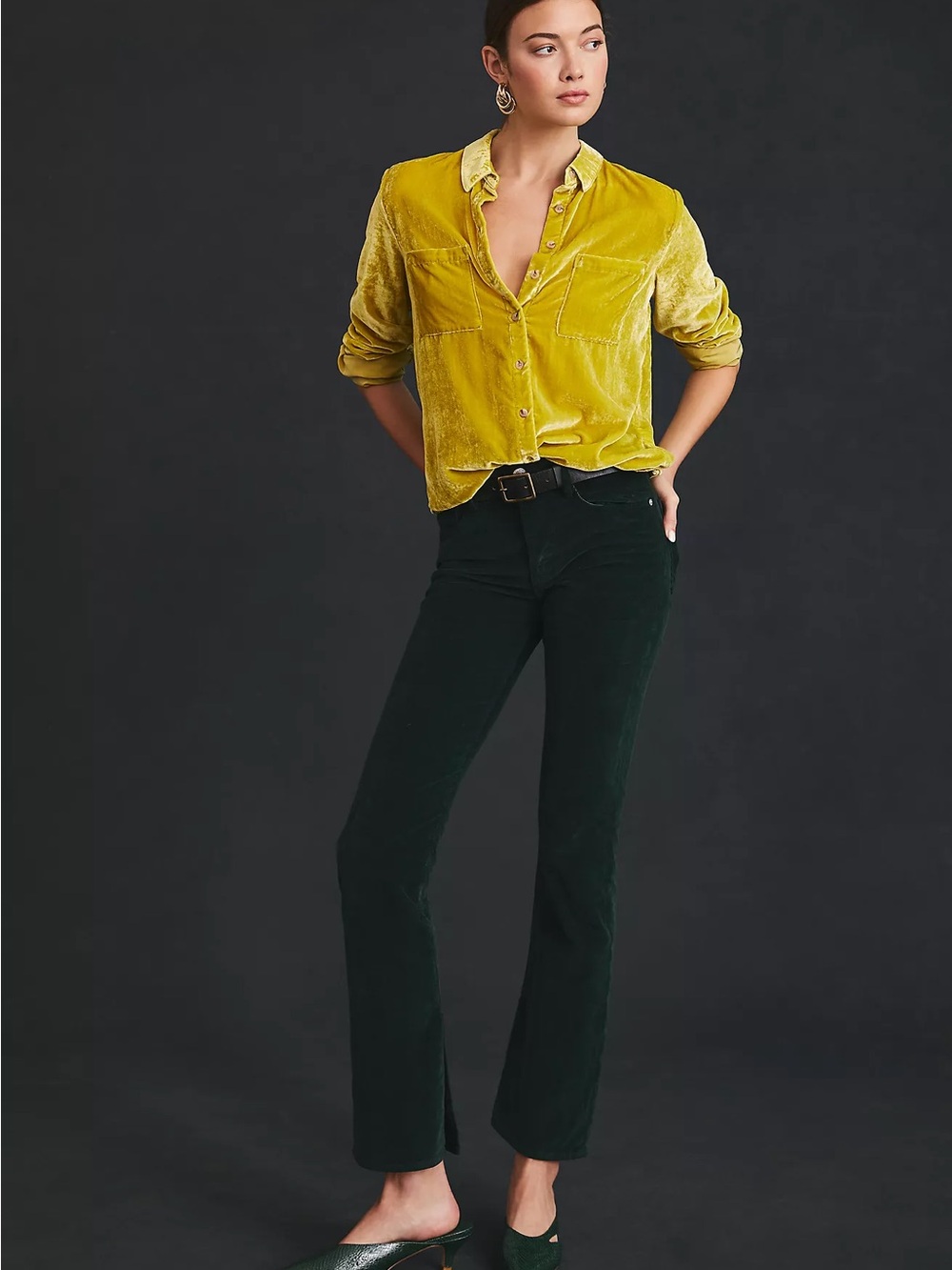 Pilcro Mara Chartreuse Relaxed Fit Velvet Button Down Long Sleeve Tunic Top